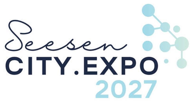 Schriftzug "Seesen City.Expo 2027" mit Logo aus Punkten und Strichen.