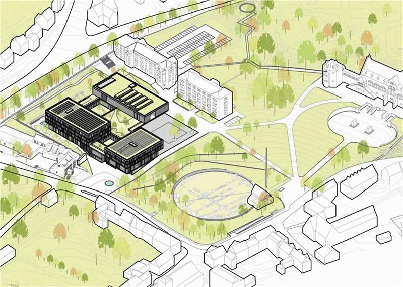Architekten-Wettbewerb: Jury lobt „Qualität, die nicht laut ist“ Im Pfalzquartier sind Hotel, Stadthalle, Tiefgarage und Forum unterzubringen, wie die Präsentation des Architekturbüros vom 14. Dezember 2023 zeigt. Skizze: Stadt Goslar