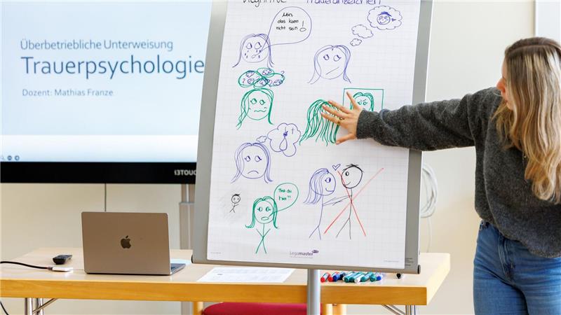 Im Seminar zu Trauerpsychologie setzen sich die Azubis damit auseinander, mit welchen Gefühlen und Emotionen Trauernde reagieren können.
