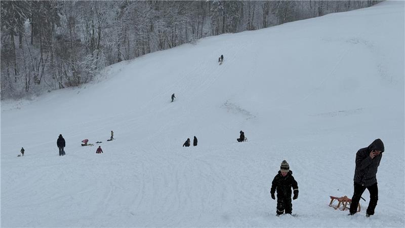 Das Foto zeigt einen Mann, der einen Schlitten den Hang hinaufzieht, und weitere Rodler im Hintergrund.