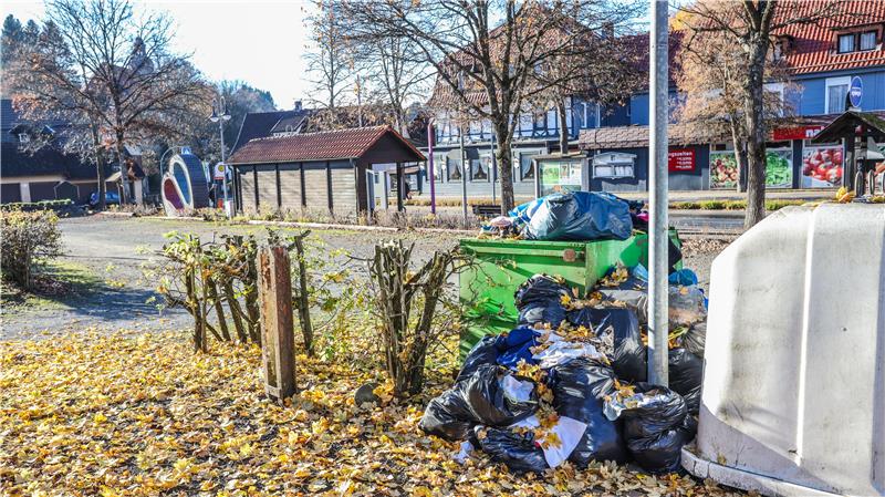 Müll liegt neben einem überfüllten Abfallbehälter in Altenau.
