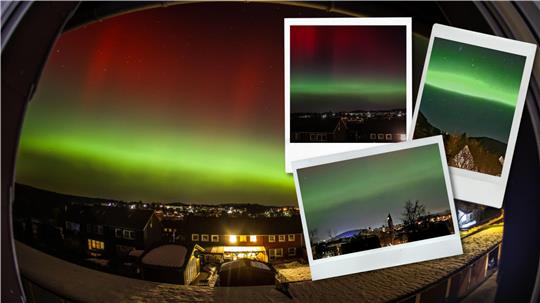 Vier Aufnahmen von Polarlichtern über dem Landkreis Goslar zeigen grün-rote Lichtschleier am nächtlichen Himmel über dem Harz.