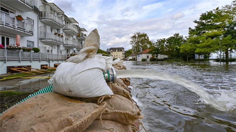Hochwasser hält Oder-Regionen in Alarmbereitschaft In Eisenhüttenstadt sollen Sandsack-Barrieren Häuser schützen.