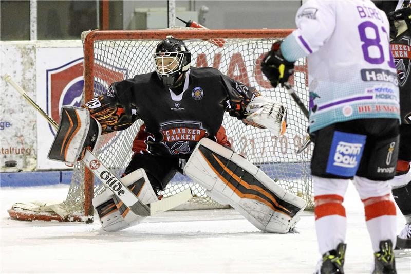 In Erfurt wieder im Einsatz: Falken-Torwart Jannis Ersel.  Foto: Drechsler
