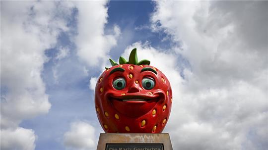 Eine Plastikerdbeere ist in einem Freizeitpark zu sehen.