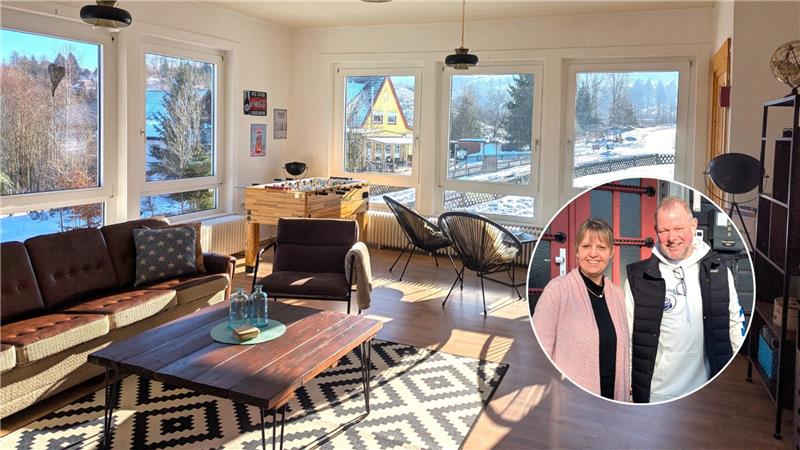 Fotomontage: Ein Gruppenraum für Gäste, dazu ein Bild von Susen und Mario Rosner