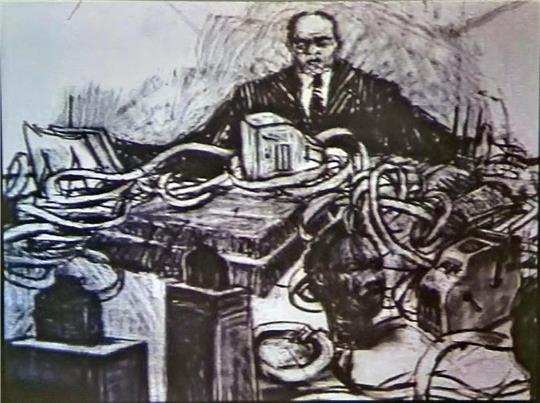 Eine Zeichnung zeigt einen Mann, der hinter einer Kasse sitzt, aus der endlose Papierschlangen herauskommen. 