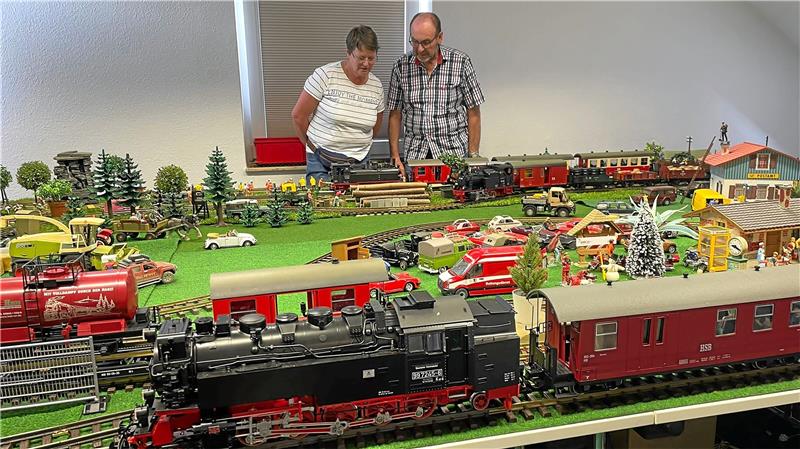 In der Modellbahnausstellung in Festenburg gibt es immer wieder neue Details zu entdecken. Mit skeptischem Blick erforschen Johanna und Rebecca genau die ganz kleinen Bahnen (ovales Bild).  Fotos: Privat