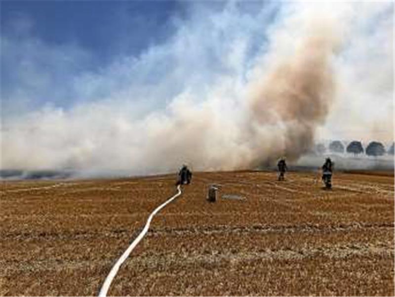 In der Rauchwolke verborgen brennt ein Mähdrescher. Das Feuer hat schon auf das Feld übergegriffen.  Foto: Feuerwehr