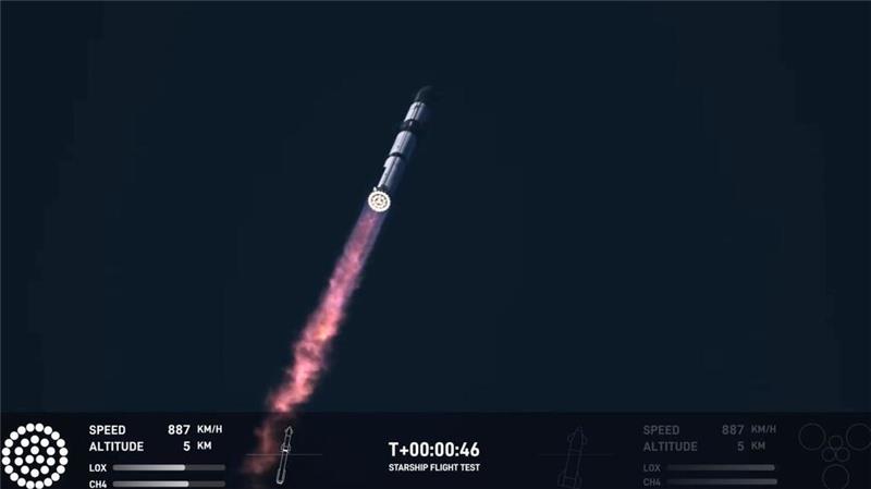 In diesem Bild aus einem von SpaceX zur Verfügung gestellten Video hebt eine SpaceX Starship-Rakete in Boca Chica, Texas, ab.
