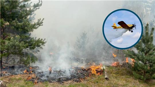 Das Löschflugzeug Hexe 1 aus dem Landkreis Harz ist im Anflug auf ein Einsatzgebiet. Feuer am Boden im Wald.