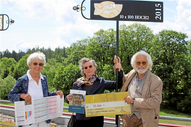 In einer Ausbeutefahne auf dem Sympatec-Dach spiegelt sich das Marktkirchenprojekt wider. Dorothee Austen und Benedicte Henzelmann vom Kirchenvorstand (von links) stellen die Broschüre zur Pfeifenpatenschaft vor. Stephan Röthele überreicht einen Scheck für die Orgelsanierung. Foto: Knoke