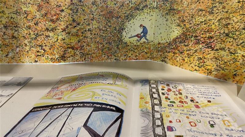 In einer Vitrine sind Maia Perrons Comics und Karikaturen zu sehen.