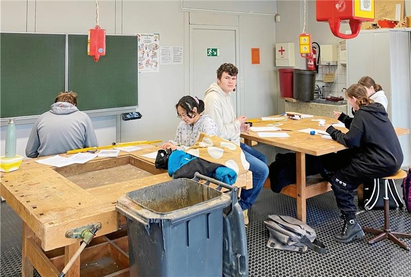 Schulzentrum Braunlage: Dach soll repariert werden In einer ausrangierten Mülltonne wird im Werkraum des Schulzentrums das Regenwasser aufgefangen, das durch die Decke tropft. Im Treppenhaus steht ein Eimer dafür. Foto: Nachtweyh