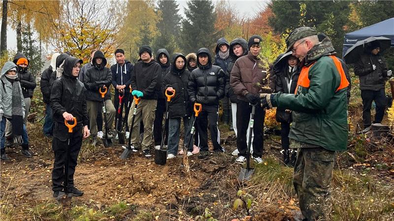 In strömenden Regen pflanzen die Berufsschüler aus Bad Harzburg und Hannover in Braunlage Bäume.