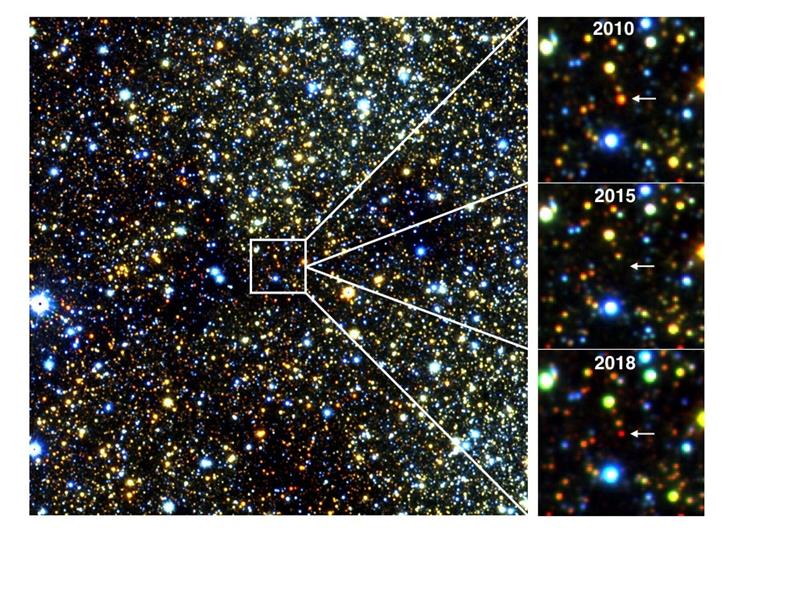 Infrarotbilder eines etwa 30.000 Lichtjahre entfernten roten Riesensterns in der Nähe des Zentrums unserer Milchstraßengalaxie, der im Laufe mehrerer Jahre verblasste und wieder auftauchte.