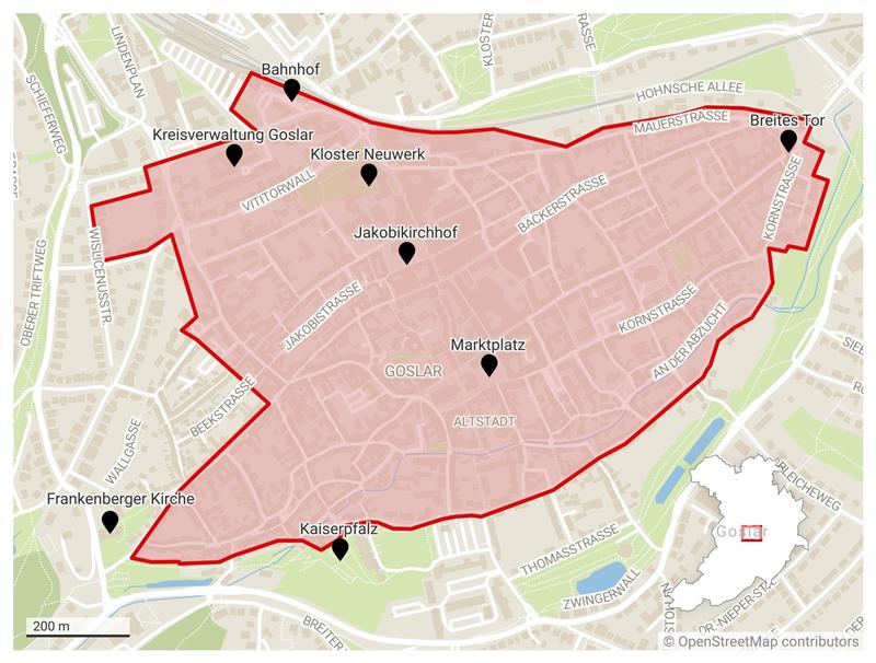 Stadt Goslar startet Wettbewerb gegen Leerstand Innenstadt Goslar: Im rot markierten Bereich zwischen Breitem Tor, Bahnhof, Kaiserpfalz und Frankenberg Kirche können sich Eigentümer gewerblicher Immobilien am Wettbewerb beteiligen. Quelle: Stadt/Karten: GZ