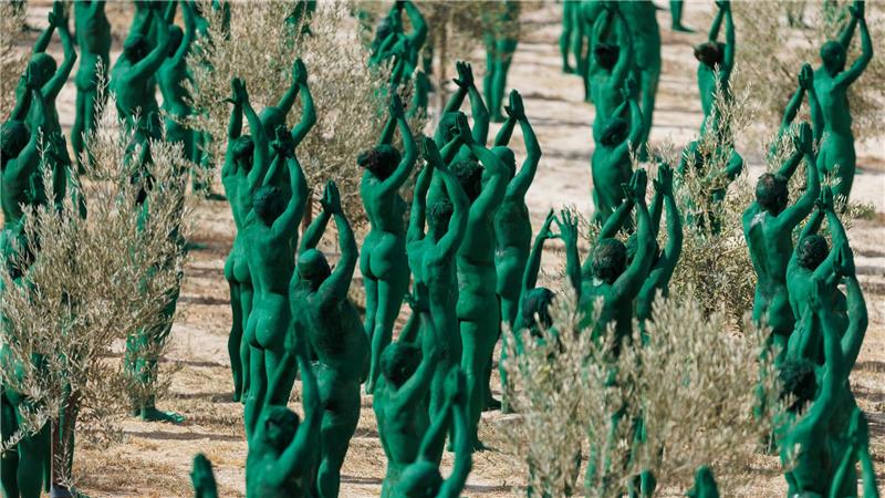 Kunstaktion mit Hunderten Nackten: Körperkunst im Olivenhain Intensives Grün: Spencer Tunicks erste Kunstinstallation in Andalusien.