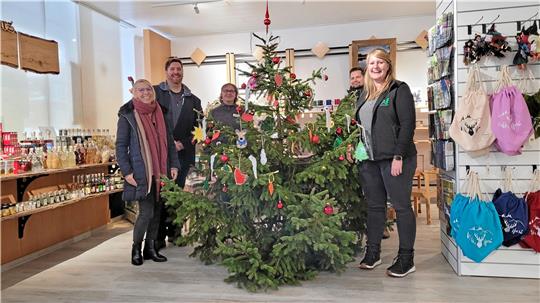 Ivonne Herfurth (Stephansstift Oberharz), Daniel Knackstedt (Stephansstift Oberharz), Annett Dähne-Hüttner (Touristinfo), Eric Beyer (Niedersächsischen Landesforsten/Forstamt Clausthal) und Katharina Dundler (Touristinfo) hängen die von den Kindern gebastelten Wunschsterne auf. Foto: Skuza
