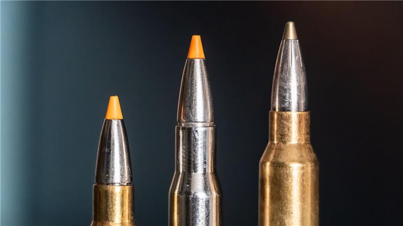 Jagdpatronen im Kaliber 308 Winchester (l-r), 30-06 Springfield und 300 Winchester Magnum stehen bei einem Jäger auf einem Waffenschrank. (Symbolbild)