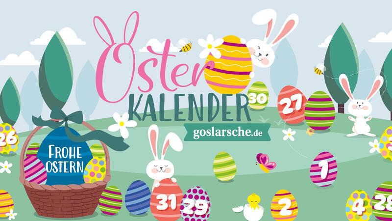 Weiße Osterhasen mit vielen bunten Eiern auf einer grünen Wiese.