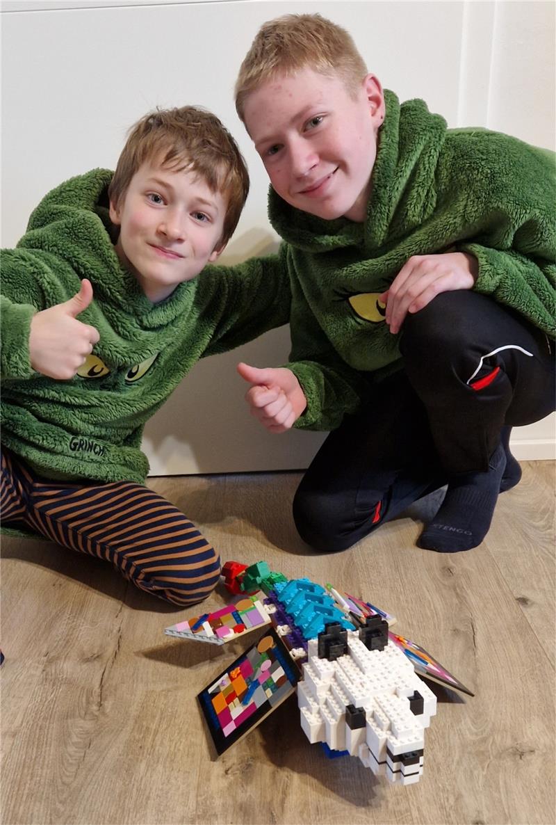 Jonas (links) und Janis Ströhlein zeigen ihr Lego-Fantasietier. Foto: Privat