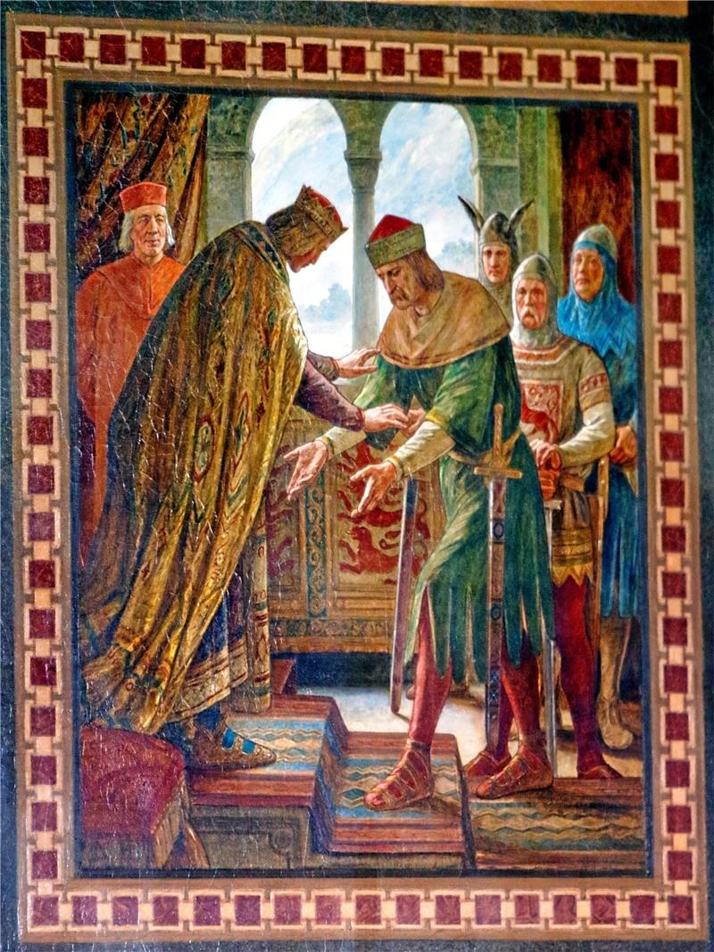 Kaiser Friedrich II. auf einem  Wandgemälde in der Kaiserpfalz Goslar.