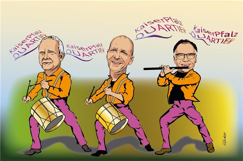 Goslarer Stadthalle: Das direkte Rededuell am 3. April Kaisermarsch: Thomas Brych, Uwe Schwenke de Wall und Andreas Rotermund (v.l.) trommeln fürs Pfalzquartier. Karikatur: Schröder