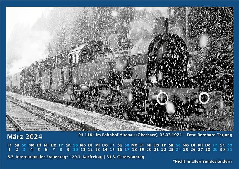 Fotokalender: 1914 fährt der erste Zug nach Altenau Kalenderblatt März 2024: Schneegestöber im Bahnhof Altenau. 13 Motive hat die Arbeitsgemeinschaft für den Kalender ausgewählt. Foto: Bernhard Terjung