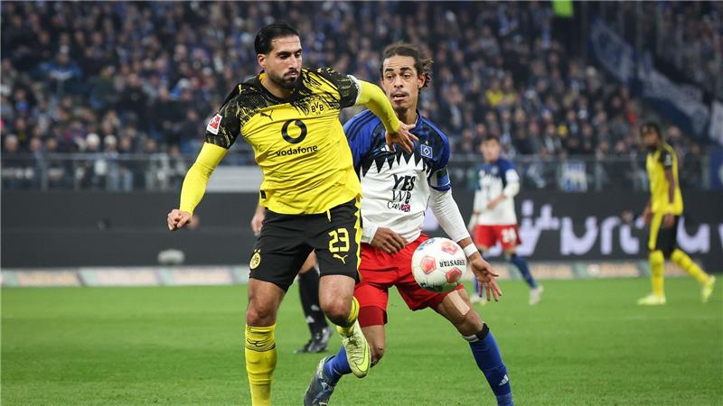 HSV belohnt sich in der Nachspielzeit gegen Dortmund Kapitäne unter sich: Dortmunds Emre Can (l) und Yussuf Poulsen.