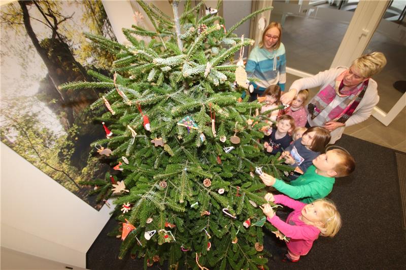 Kindergartenkinder schmücken den Weihnachtsbaum in der Volksbank-Filiale. In diesem Jahr waren die Waldwichtel des Lutteraner Waldkindergartens an der Reihe. Foto: Gereke