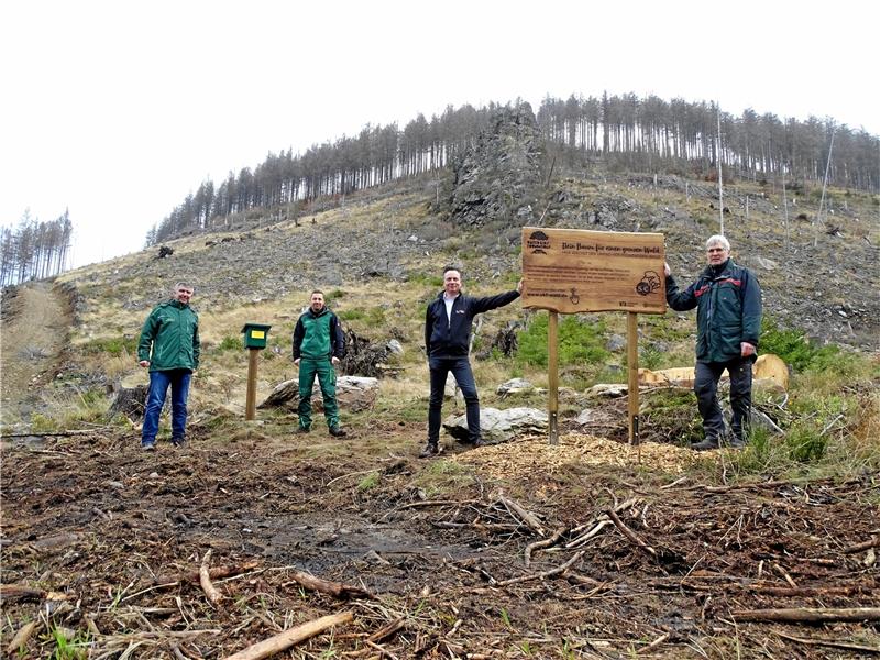 Klaus Dumeier (von links) und Steven Engel von der Harzer Wandernadel, Markus Beese von der Volksbank Brawo und Michael Rudolph von den Niedersächsischen Landesforsten präsentieren die neue Stempelstelle und die Infotafel, die auf das Pflanzprojekt der United KIds Foundations hinweist. Eine Naturbank und ein tischrunder Felsen bieten Gelegenheit zur Rast.  Fotos: Exner