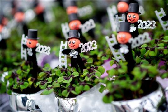 Kleepflanzen mit einem kleinen Schornsteinfeger und der Jahreszahl «2023» in einem Gartenbaubetrieb.