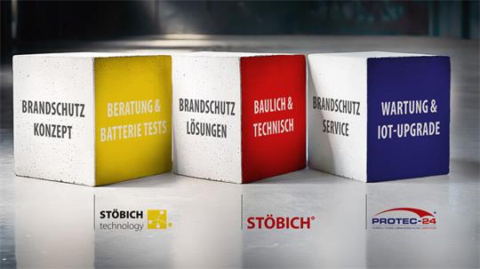 Farbige Würfel mit den Aufschriften 'Brandschutz Konzept', 'Beratung & Batterie Tests', 'Brandschutz Lösungen', 'Baulich & Technisch' und 'Wartung & IoT-Upgrade' sowie drei Firmenlogos darunter