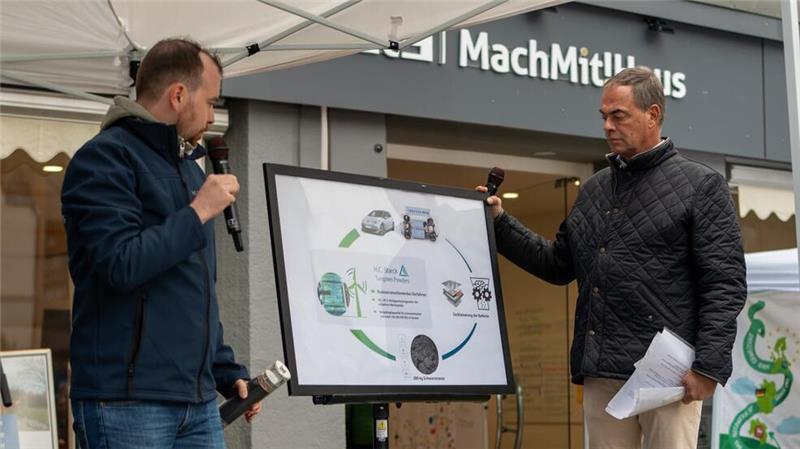 Kreislauf: Alexander Zeugner (l.) von H.C. Starck Tungsten erklärt das Recycling von Batterien.