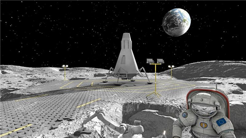 Künftige Mondmissionen müssen mit dem scharfkantigen Mondstaub umgehen lernen. Die Idee dazu aus Clausthal-Zellerfeld: Auf dem Mond könnten mithilfe innovativer 3D-Drucktechnologie und Mondstaub „Pflastersteine“ erstellt werden, die sich dann zu einer Art Straße (Fotomontage) zusammenfügen lassen. Foto: BAM/TUC