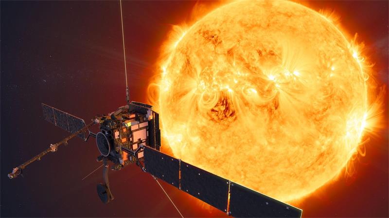 Im Mond-Schatten: Wie Forscher die Sonnenfinsternis nutzen Künstlerische Darstellung der Raumsonde „Solar Orbiter“ vor der Sonne