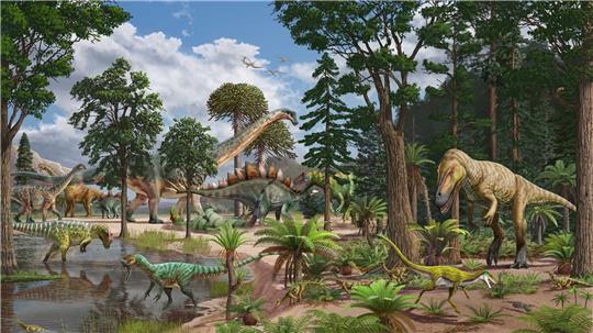 Künstlerische Darstellung des Ökosystems der Dry Mesa Dinosaur Quarry vor etwa 150 Millionen Jahren im heutigen US-Staat Colorado