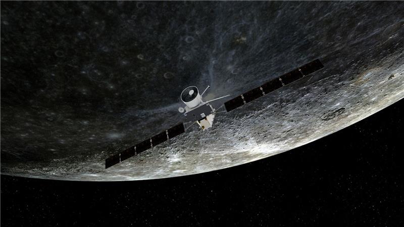 Künstlerische Darstellung des Vorbeiflugs von «BepiColombo» am Merkur.