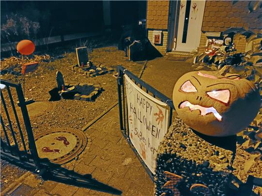 Kürbisse mit Fratzen, kleine Gräber, Spinnennetze an den Zäunen – oder gar eine Neuinterpretation der „3G-Regel“: Viele Bad Harzburger sind bei der Gestaltung ihrer Grundstücke zu Halloween sehr ideenreich.  Fotos: Exner