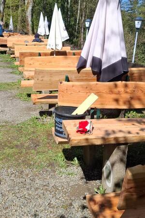 Reihe aus hölzernen Biergartenbänken mit geschlossenen Sonnenschirmen auf Kiesweg im Freien.