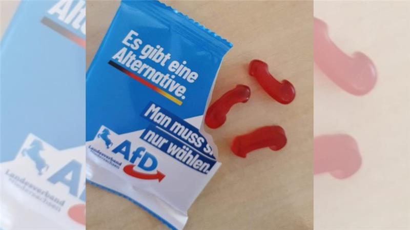 Kurz vor der Landtagswahl sorgt die AfD Niedersachsen mit ihren Geschenken für spöttische Reaktionen. Statt Pfeilen, die das AfD-Logo repräsentieren sollen, lassen sich rote Penisse erkennen. Auch innerhalb der Partei kommt es zu Kopfschütteln. Foto: https://twitter.com/akm0803/