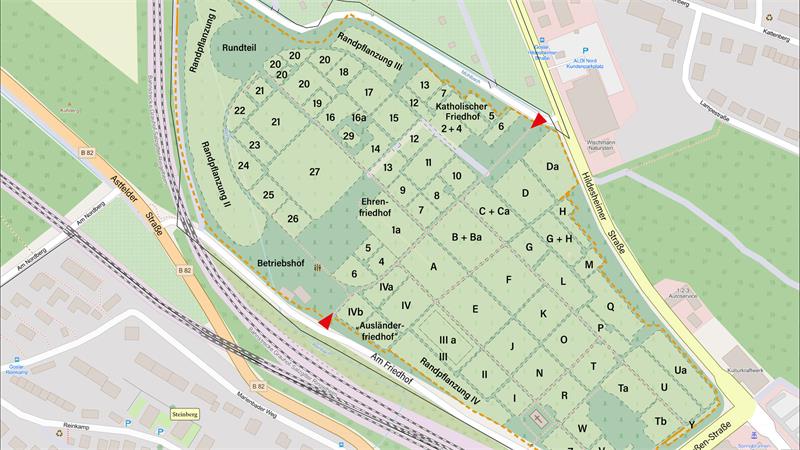 Übersichtsplan eines Friedhofs mit nummerierten und alphabetisch gekennzeichneten Grabfeldern sowie angrenzenden Straßen und Wegen
