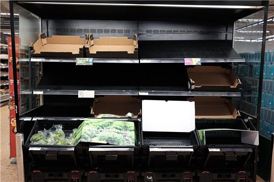 Leere Obst- und Gemüseregale in einem Supermarkt. Mehrere Supermarktketten in Großbritannien wie Aldi und Tesco begrenzen wegen Nachschubproblemen den Verkauf einiger Gemüse- und Obstsorten.