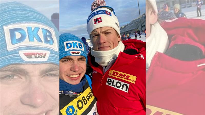 Harzer Talente treffen Weltstars der Langlauf-Szene Leon Trebuschenko, zweimal Sechster in Oberhof, staubt auch noch ein Foto mit Norwegens Superstar Johannes Høsflot Klæbo ab. Foto: Privat