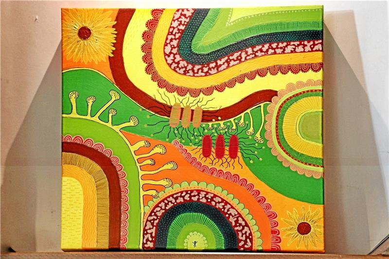 Farbenfrohe Gemälde-Ausstellung in den Goslarschen Höfen Leuchtende Farben und geschwungene Linien kennzeichnen die Acrylbilder von Barbara Schulz. Wer genau hinsieht, erkennt unten in dem grünen Torbogen ein winziges Strichmännchen, mit dem die Künstlerin sich selbst ins Bild einbrachte.