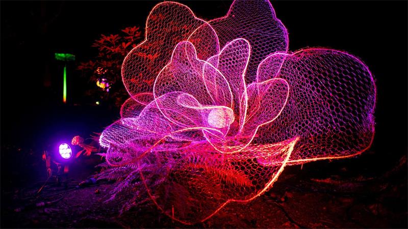 „Lichtzauber“ in der Abenddämmerung im Park der Gärten Licht, Kunst und Natur werden bei der Illumination miteinander verbunden.