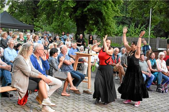 Mal spanisch, mal französisch, mal englisch: Die meist selbstkomponierten Songs von Manny Modern Troubadours bringen Schwung auf den Hof des Kulturkraftwerks. Unten: Thierry Gaillard motiviert das Publikum zum Mitsingen. Foto: Kempfer