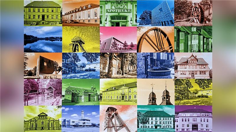 25 Motive aus Clausthal und Zellerfeld auf einem Plakat Markantes aus beiden Ortsteilen und eine Mischung aus Historischem und Modernem finden sich wieder auf dem Jubiläumsplakat, das im Auftrag der Stadtverwaltung entstanden ist. Repro: Potthast