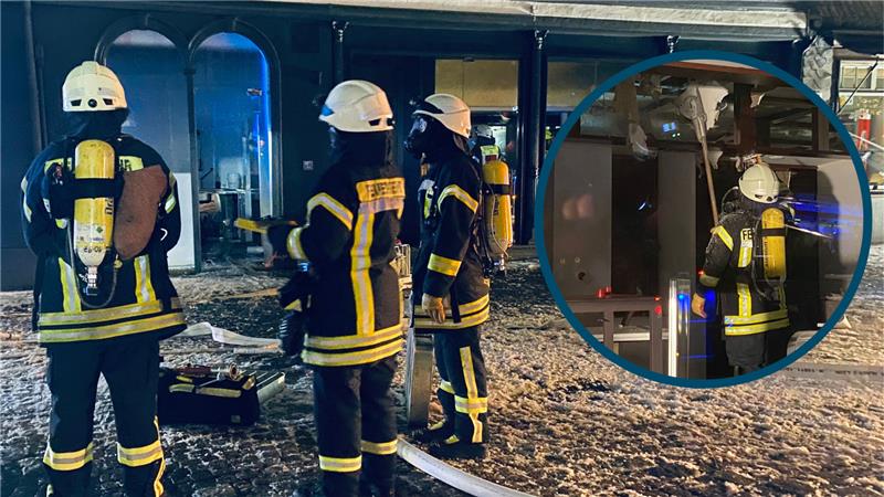 Mehrere Atemschutzträger der Feuerwehr sind vor Ort und suchen auch am Morgen noch nach Glutnesern. Montage: Eikhorst/Kasemir